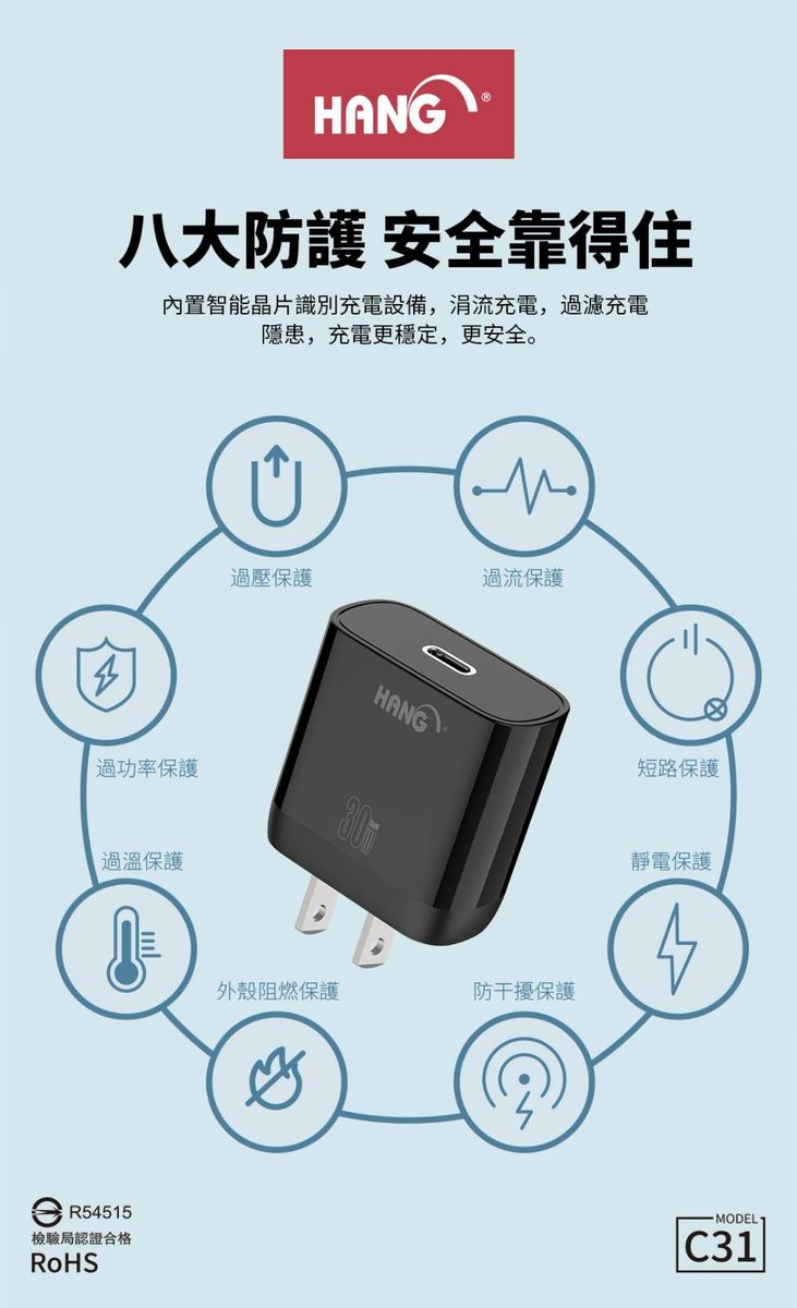 HANG|C31 PD+QC+PPS 氮化鎵快充頭 單口快充 30W