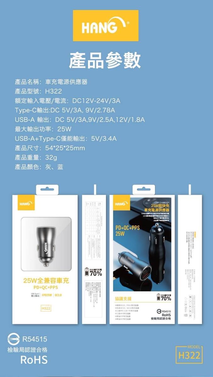 HANG|H322 全兼容車充快速充電 PD+QC雙口輸出 25W