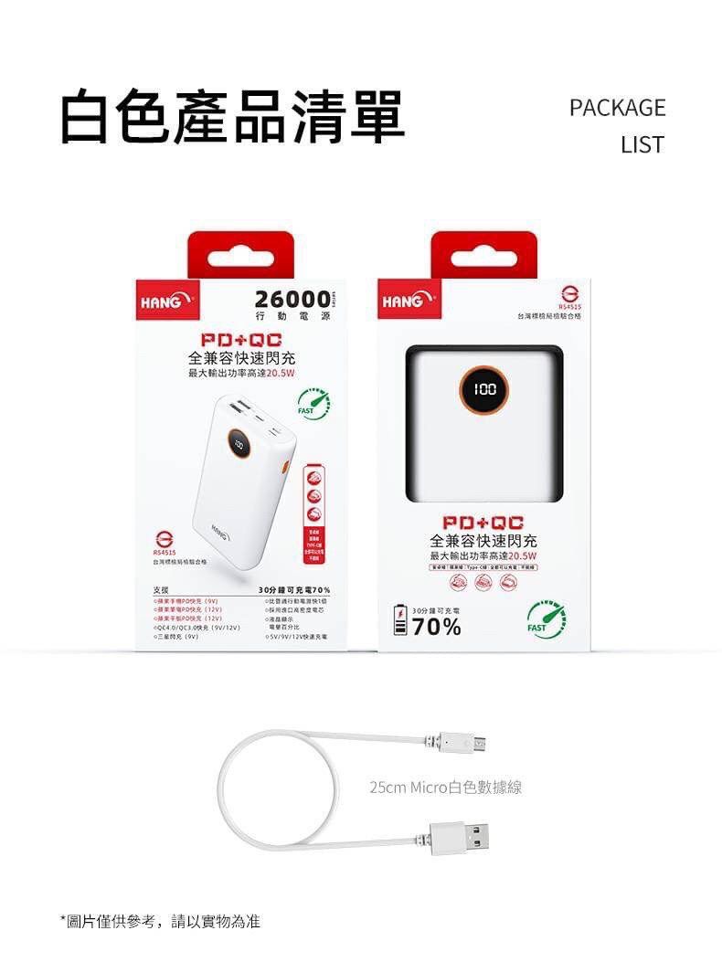 HANG|PD3 液晶快充行動電源 26000mAh PD+QC全兼容