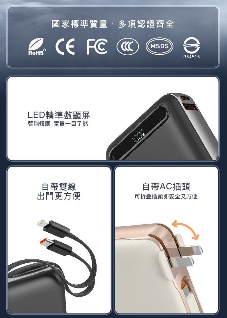 HANG｜AC2 自帶插頭10000mAh 行動電源 22.5W 三合一 PD QC快充