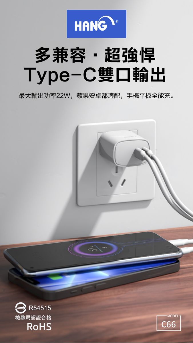 HANG｜C66 雙Type-C快充頭 PD + QC 3.0 22W