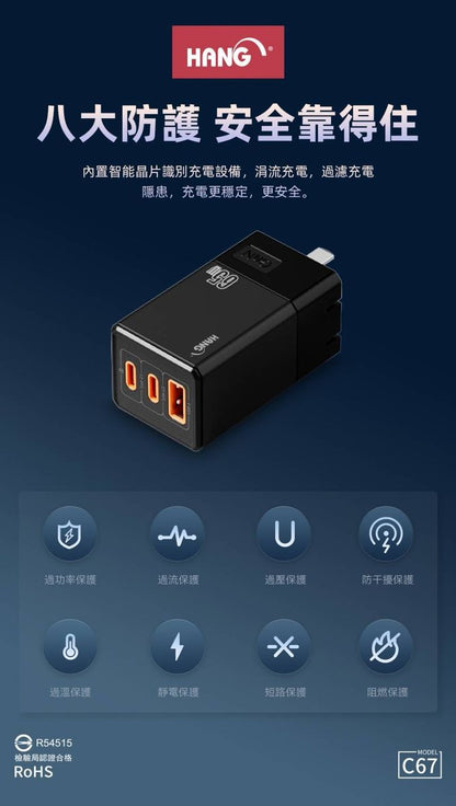 HANG｜C67 PD+QC+PPS 氮化鎵快充頭 三孔快充 65W