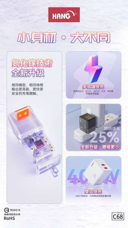 HANG｜C68 PD+QC+PPS 氮化鎵快充頭 40W