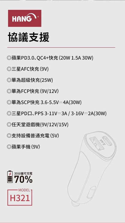 HANG｜H321 PD+QC雙孔車用快充 30W