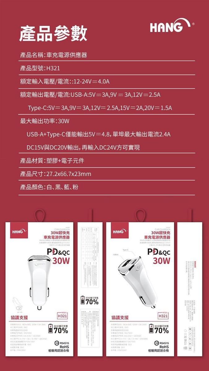 HANG｜H321 PD+QC雙孔車用快充 30W