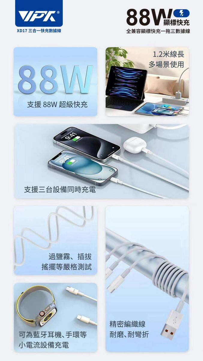 HANG｜XD17 88W 三合一快充數據編織傳輸線