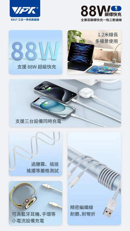 HANG｜XD17 88W 三合一快充數據編織傳輸線