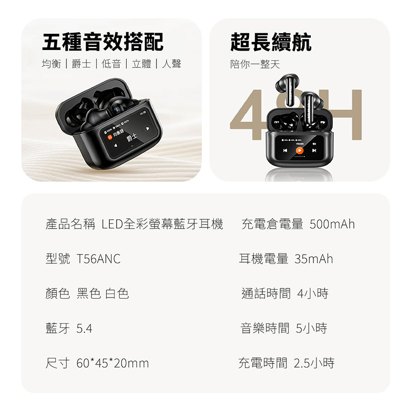 AWEI｜T56 ANC降噪觸控全彩螢幕主動降噪藍牙耳機
